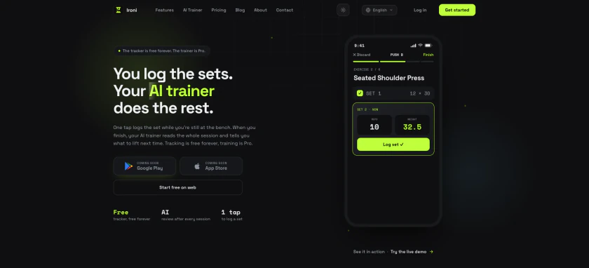 Screenshot of Ironi, an AI workout tracking web app built by Brillness