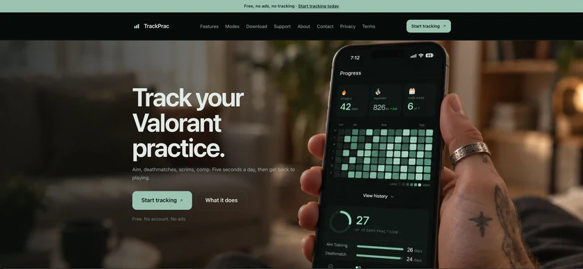 Screenshot of TrackPrac, a Valorant practice tracking web app built by Brillness